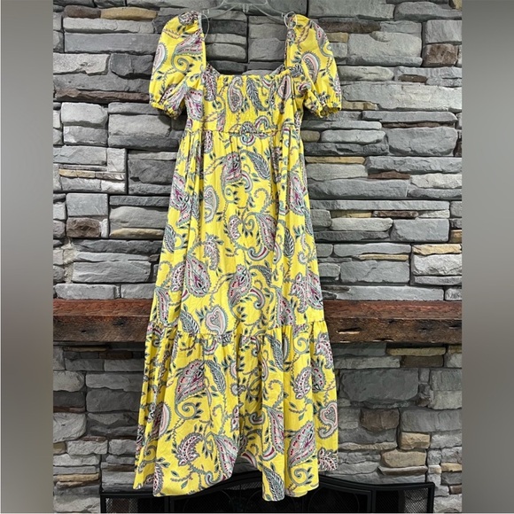 Zara blogger yellow paisley printed puff sleeve maxi dress peasant smock - Picture 3 of 13